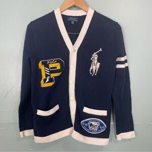 Polo Ralph Lauren Boys V Neck Cotton Cardigan Patches Navy Horse Sz Large